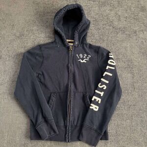 Hollister Zip Up Hoodie Womens Medium Navy Blue Y2K Logo Graphic Surf Sweatshirt